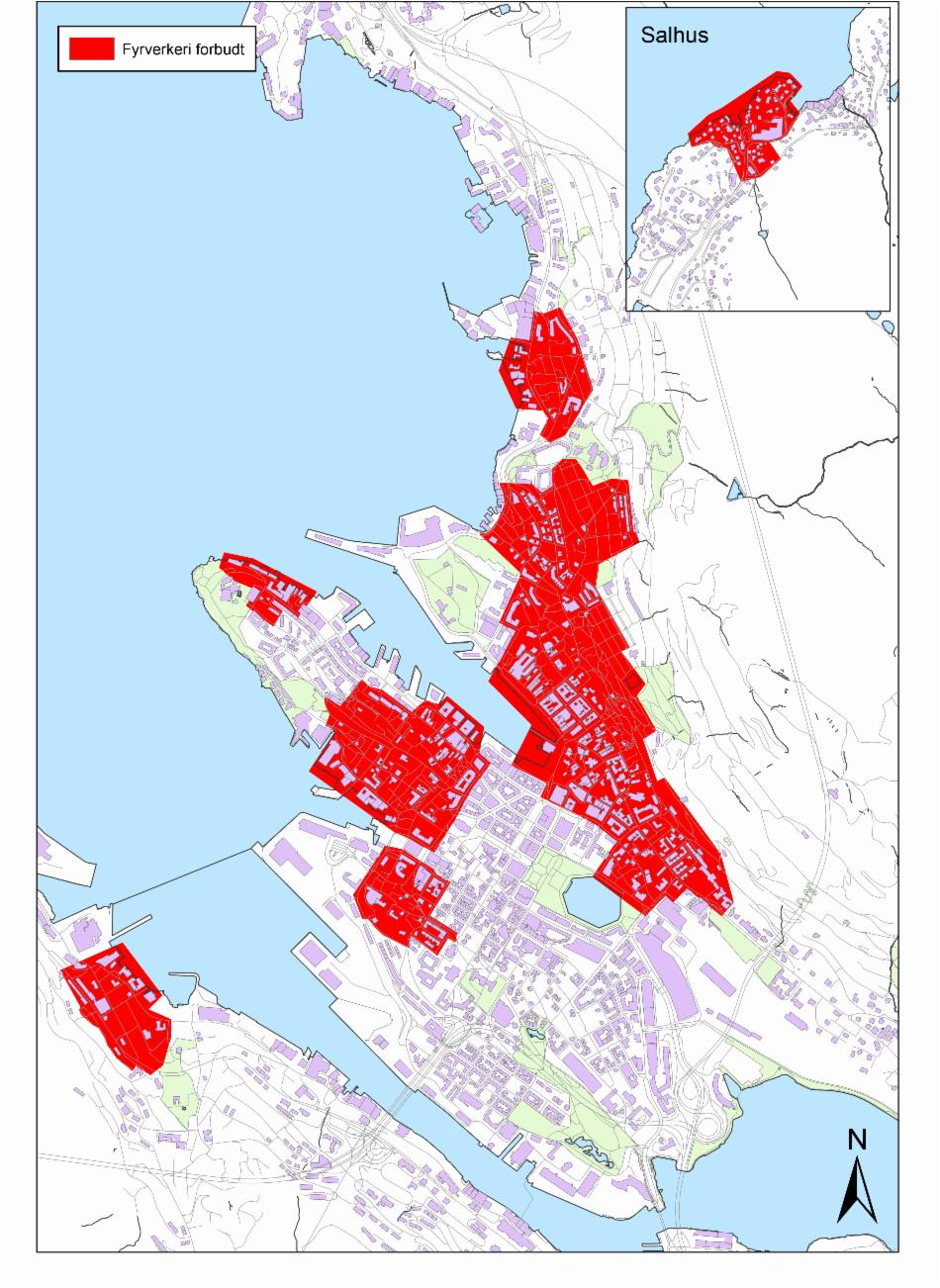 All bruk av fyrverkeri er forbudt innenfor områdene som er merket med rødt på kartet. 